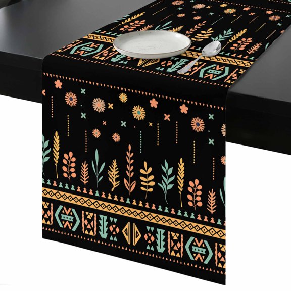 Table Runner Western Aztec Decorative Dining Table Runner Black Ethnic Floral Grass Kitchen Table Decoration for Home, Holiday and Party Use 13x36 Inch