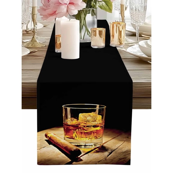 Table Runner Whisky Glass Table Runners Wine Cigarettes Wood Cotton Linen Dresser Scarf Kitchen Dining Table Decor for Home Dinner Party Decor 13x36 Inch