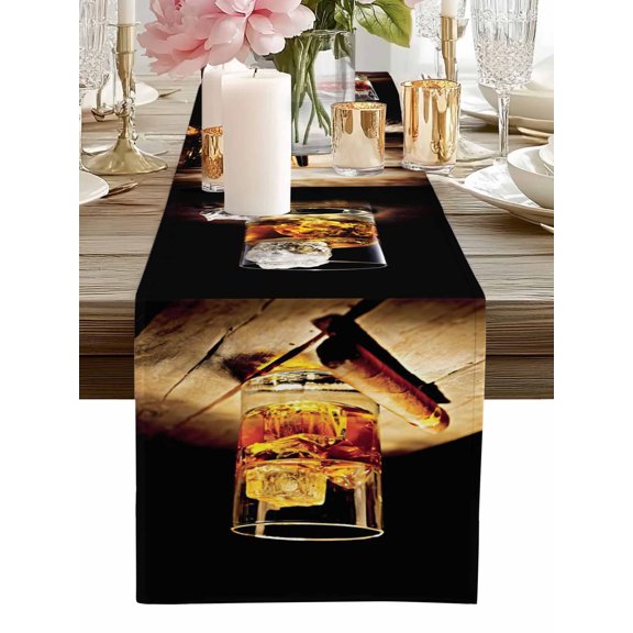 Table Runner Whisky Glass Table Runners Wine Old Fashioned Wood Grain Cotton Linen Dresser Scarf Kitchen Dining Table Decor for Home Dinner Party Decor 13x72 Inch