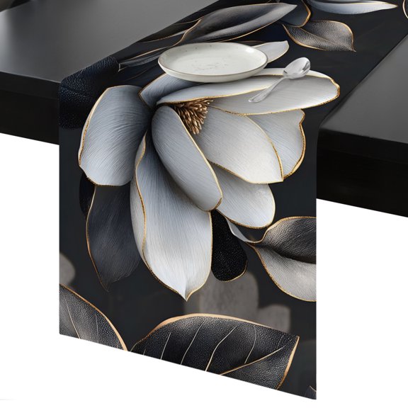 Table Runner White Black Flowers Decorative Dining Table Runner Elegant Art Kitchen Table Decoration for Home, Holiday and Party Use 13x36 Inch