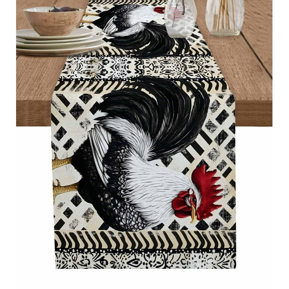 Table Runner White Black Rooster Flowers Table Decoration for Kitchen Dinning Retro Style Table Decoration for Indoor Outdoor Party Wedding Decor 13x72 Inch