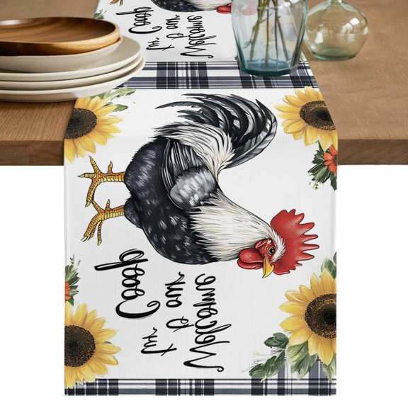 Table Runner White Black Rooster Sunflower Soft Linen Style Table Runner Cloth Retro Floral Dining Table Decor for Kitchen, Dining Room, Parties, Holiday & Everyday Use 13x36 Inch