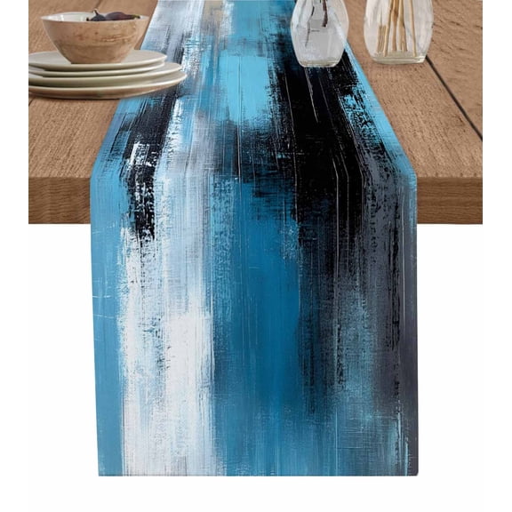 Table Runner White Blue Black Oil Painting Table Decoration for Kitchen Dinning Abstract Art Table Decoration for Indoor Outdoor Party Wedding Decor 13x90inch