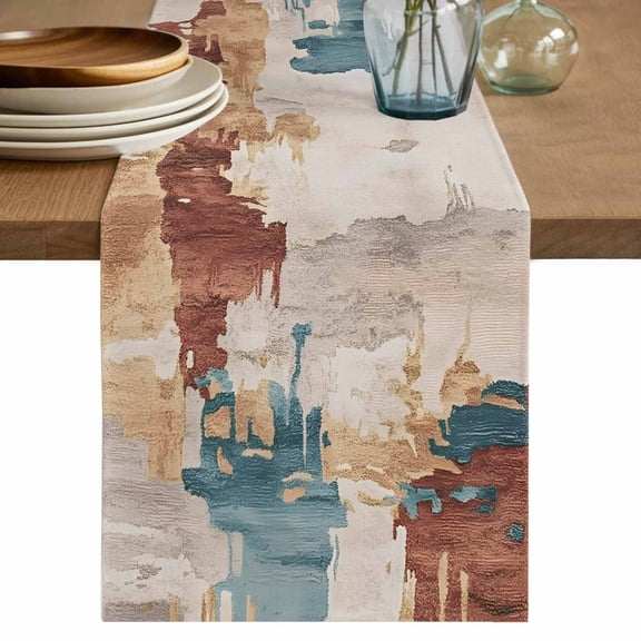 Table Runner Off White Blue Brown Soft Linen Style Table Runner Cloth Abstract Art Dining Table Decor for Kitchen, Dining Room, Parties, Holiday & Everyday Use 13x36 Inch