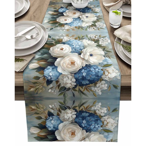 Table Runner White Blue Flowers Oil Painting Table Decoration for Kitchen Dinning Modern Art Table Decoration for Indoor Outdoor Party Wedding Decor 13x72inch