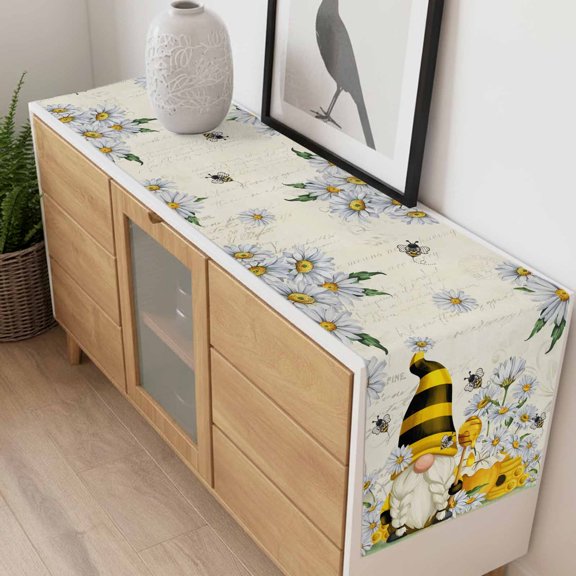 Table Runner White Daisy Pastoral Gnome Bee Dresser Scarves 13x72 Inch,Linen Table Runners Summer Honey Hive Tablerunner for Home Dining Indoor Outdoor Wedding Party Tabletop Decor
