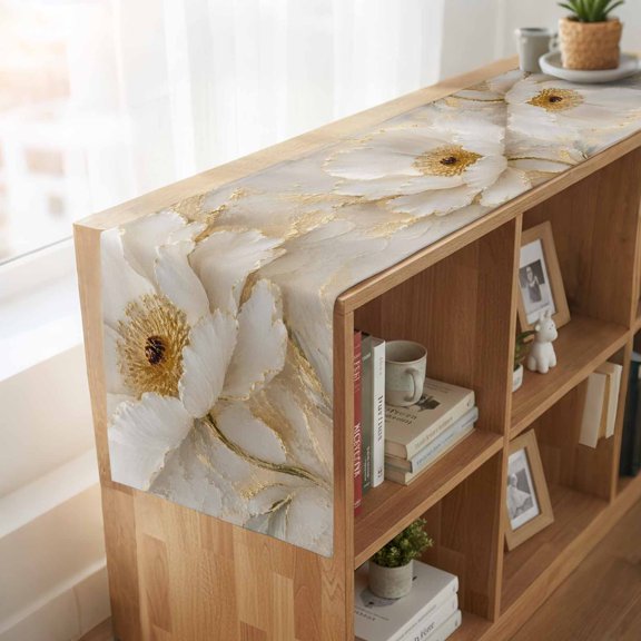 Table Runner White Gold Peony Flowers Dresser Scarves 13x36 Inch,Linen Table Runners Oil Style Floral Art Tablerunner for Home Dining Indoor Outdoor Wedding Party Tabletop Decor