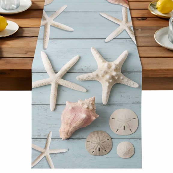 Table Runner White Starfish Coastal Decorative Table Runner for Kitchen Ocean Shells Sand Dollars Blue Plank Dinning Runner for Party Wedding Holiday Indoor Outdoor 13x36inch