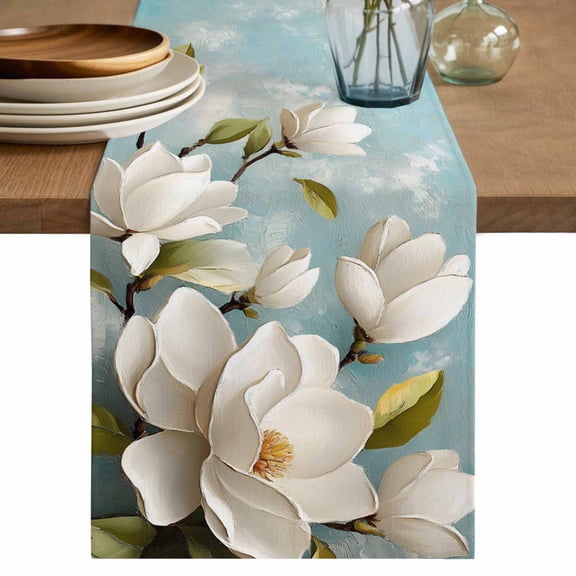 Table Runner White Tulip Soft Linen Style Table Runner Cloth Vivid Watercolor Floral Dining Table Decor for Kitchen, Dining Room, Parties, Holiday & Everyday Use 13x36 Inch