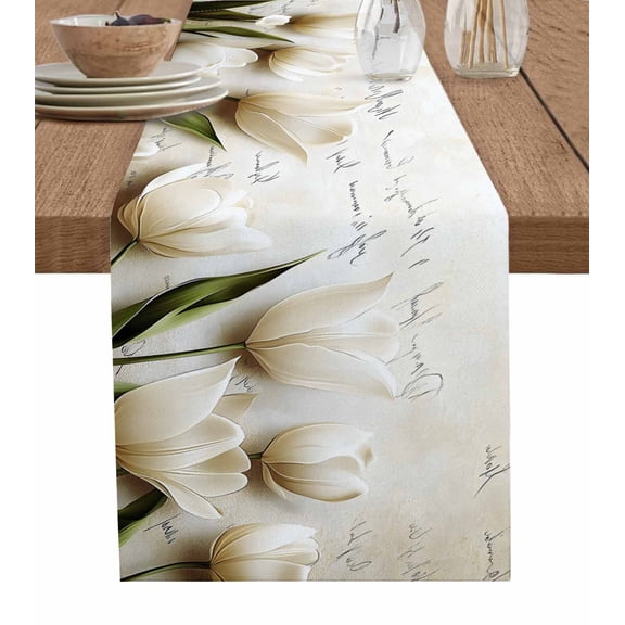 Table Runner White Tulip Table Decoration for Kitchen Dinning Vintage Watercolor Floral Table Decoration for Indoor Outdoor Party Wedding Decor 13x72inch