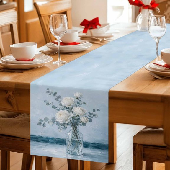 Table Runner Whiter Rose in Bottle Dresser Scarves 13x36 Inch,Linen Table Runners Oil Style Floral Art Tablerunner for Home Dining Indoor Outdoor Wedding Party Tabletop Decor