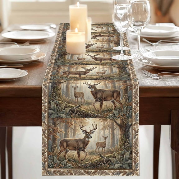 Table Runner,Wild Elk Deer Natural Forest Scene Kitchen Dining Table Runners Tabletop Decorations Botanical Leaves Trees Tablerunner Dresser Scarves for Home Party Wedding Birthday Decor,13x72in