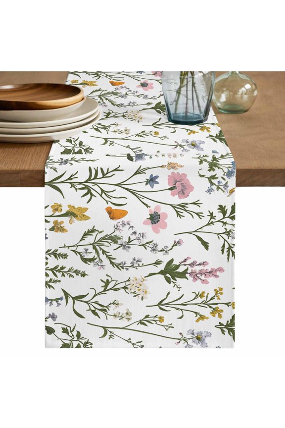 Table Runner Wildflowers Butterfly Soft Linen Style Table Runner Cloth Spring Scenery Dining Table Decor for Kitchen, Dining Room, Parties, Holiday & Everyday Use 13x36 Inch