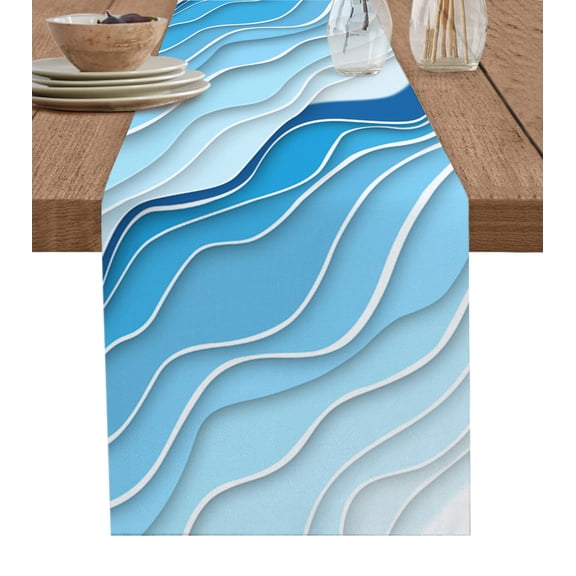 Table Runner Winter Blue White Ombre Table Decoration for Kitchen Dinning Geometric Ocean Abstract Table Decoration for Indoor Outdoor Party Wedding Decor 13x72inch