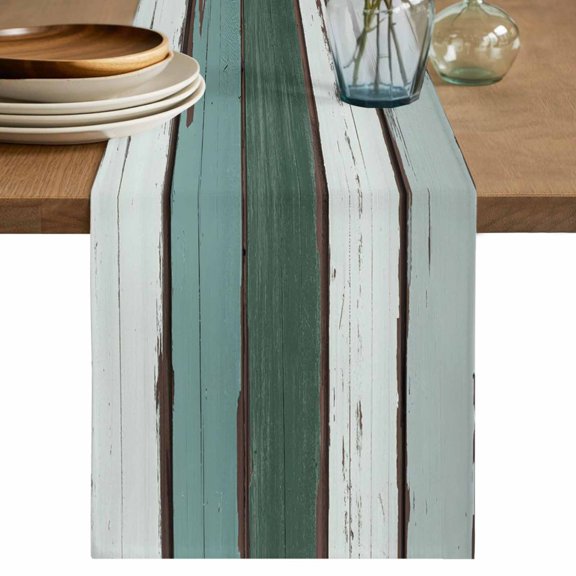 Table Runner Wood Grain Soft Linen Style Table Runner Cloth Rustic Farmhouse Teal Wood Retro Dining Table Decor for Kitchen, Dining Room, Parties, Holiday & Everyday Use 13x72 Inch