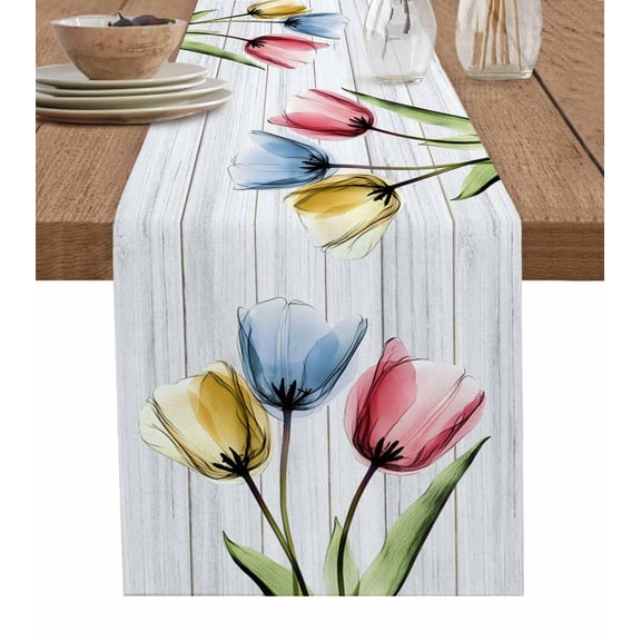 Table Runner Wood Grain Table Decoration for Kitchen Dinning Colorful Tulips Table Decoration for Indoor Outdoor Party Wedding Decor 13x72inch