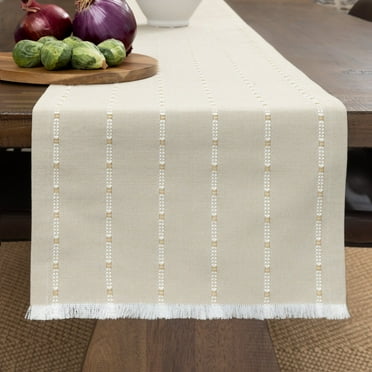 Table Runner Woven Cotton Blend Beige Farmhouse Rustic Runner for Modern or Boho Kitchens, 14 in x 72 in, Table Décor for Kitchen or Dining, Tan Cloth Table Runners, Oeko-Tex Cotton, Pebble Stripes