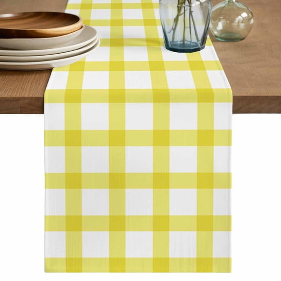 Table Runner Yellow Check Plaid Soft Linen Style Table Runner Cloth Buffalo Farmhouse Dining Table Decor for Kitchen, Dining Room, Parties, Holiday & Everyday Use 13x36 Inch