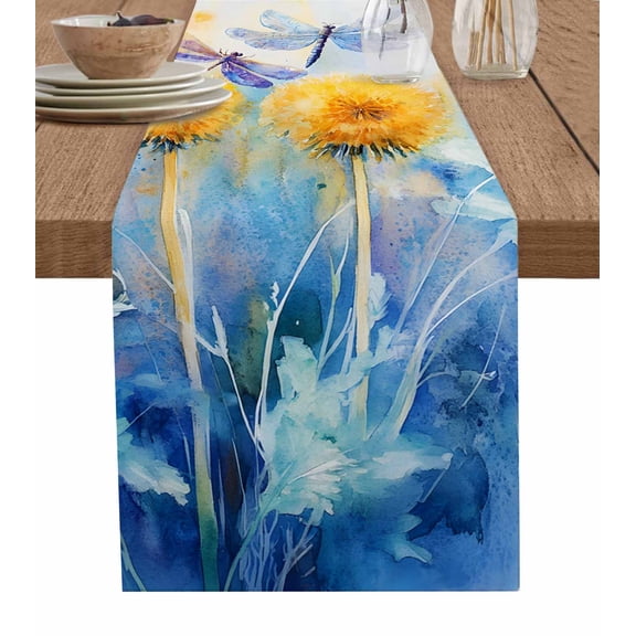Table Runner Yellow Dandelions Table Decoration for Kitchen Dinning Blue Dragonfly Table Decoration for Indoor Outdoor Party Wedding Decor 13x72 Inch
