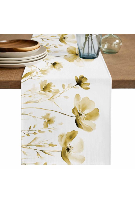 Table Runner Yellow Floral Soft Linen Style Table Runner Cloth Flower Leaves Dining Table Decor for Kitchen, Dining Room, Parties, Holiday & Everyday Use 13x36 Inch