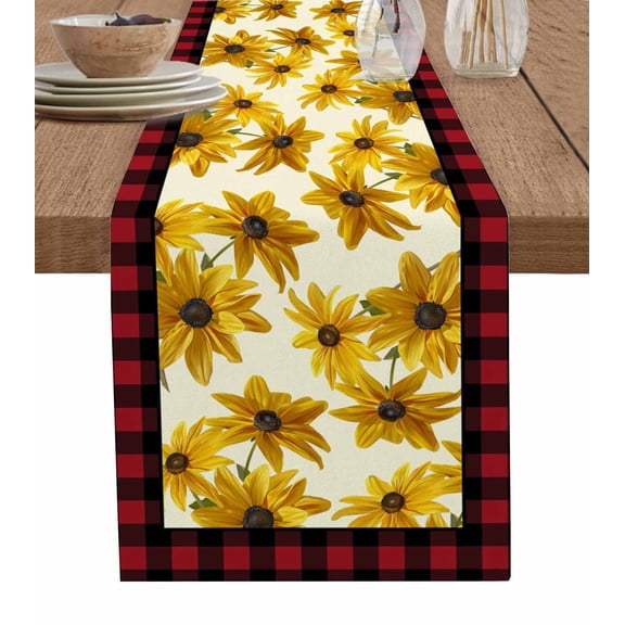 Table Runner Yellow Flower Table Decoration for Kitchen Dinning Black Red Check Plaid Table Decoration for Indoor Outdoor Party Wedding Decor 13x72 Inch