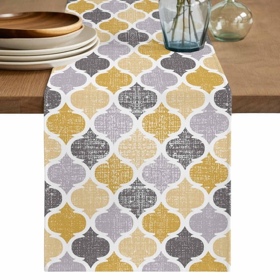 Table Runner Yellow Gray Moroccan Pattern Soft Linen Style Table Runner Cloth Retro Geometric Style Dining Table Decor for Kitchen, Dining Room, Parties, Holiday & Everyday Use 13x108 Inch