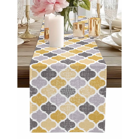 Table Runner Yellow Gray Moroccan Pattern Table Runners Retro Geometric Style Cotton Linen Dresser Scarf Kitchen Dining Table Decor for Home Dinner Party Decor 13x72 Inch
