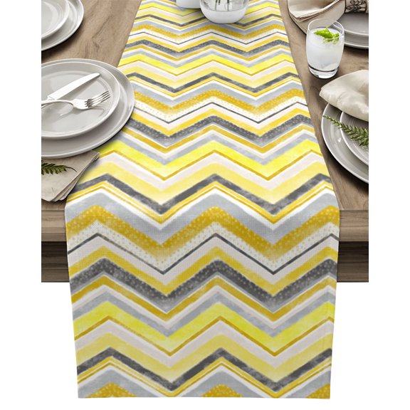 Table Runner Yellow Grey Chevron Table Decoration for Kitchen Dinning Geometric Design Stripe Table Decoration for Indoor Outdoor Party Wedding Decor 13x72inch