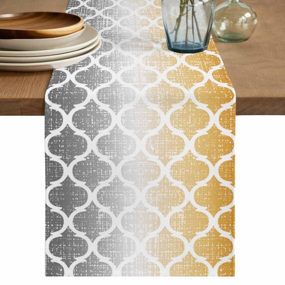 Table Runner Yellow and Grey Soft Linen Style Table Runner Cloth Ombre Gradient Morocco Pattern Dining Table Decor for Kitchen, Dining Room, Parties, Holiday & Everyday Use 13x72 Inch