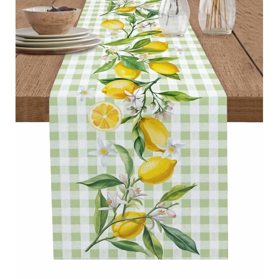 Table Runner Yellow Lemon Table Decoration for Kitchen Dinning Summer Fruit Lemon Green White Buffalo Plaid Table Decoration for Indoor Outdoor Party Wedding Decor 13x90inch