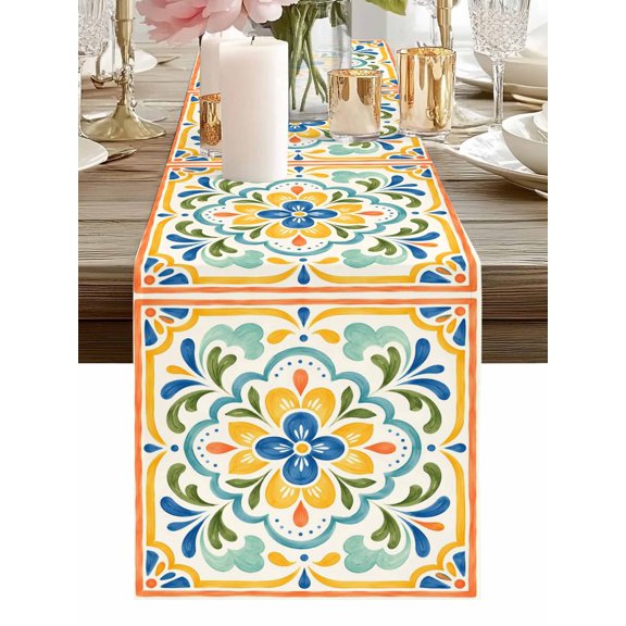 Table Runner Yellow Mediterranean Flower Table Runners Green Leaves Border Frame Cotton Linen Dresser Scarf Kitchen Dining Table Decor for Holiday Party Home Decor 13x36 Inch