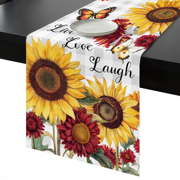 Table Runner Yellow Red Sunflower Butterfly Decorative Dining Table Runner Floral Gray Plaid Kitchen Table Decoration for Home, Holiday and Party Use 13x90 Inch