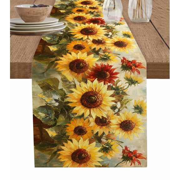 Table Runner Yellow Red Sunflower Green Leaf Table Decoration for Kitchen Dinning Oil Painting Table Decoration for Indoor Outdoor Party Wedding Decor 13x72 Inch
