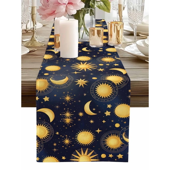 Table Runner Yellow Star Moon Table Runners Fantasy Galaxy Starry Night Cotton Linen Dresser Scarf Kitchen Dining Table Decor for Home Dinner Party Decor 13x36 Inch