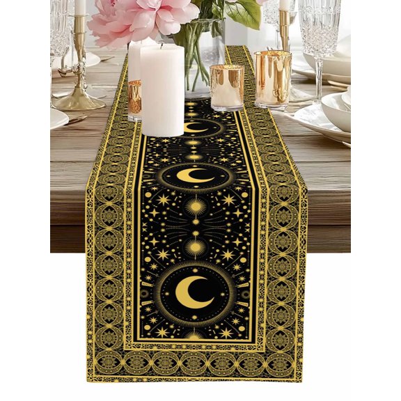 Table Runner Yellow Stars Moon Table Runners Bohemian Gorgeous Geometric Cotton Linen Dresser Scarf Kitchen Dining Table Decor for Home Dinner Party Decor 13x36 Inch