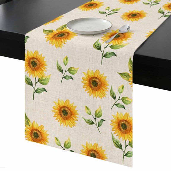 Table Runner Yellow Sunflowers Decorative Dining Table Runner Linen Background Kitchen Table Decoration for Home, Holiday and Party Use 13x36 Inch