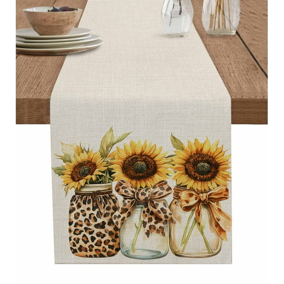 Table Runner Yellow Sunflowers Table Decoration for Kitchen Dinning Glass Bottle Bow Table Decoration for Indoor Outdoor Party Wedding Decor 13x72 Inch