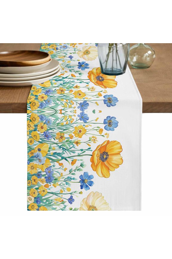 Table Runner Yellow White Daisy Floral Soft Linen Style Table Runner Cloth Wildflowers Leaf Dining Table Decor for Kitchen, Dining Room, Parties, Holiday & Everyday Use 13x36 Inch