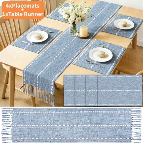 Table Runner and Placemats Set of 4, Yamaziot Washable Fabric Rectangle Dining Table Mats with Tassels, 13"x72" Table Flag & 13"x18" Place Mats, Blue