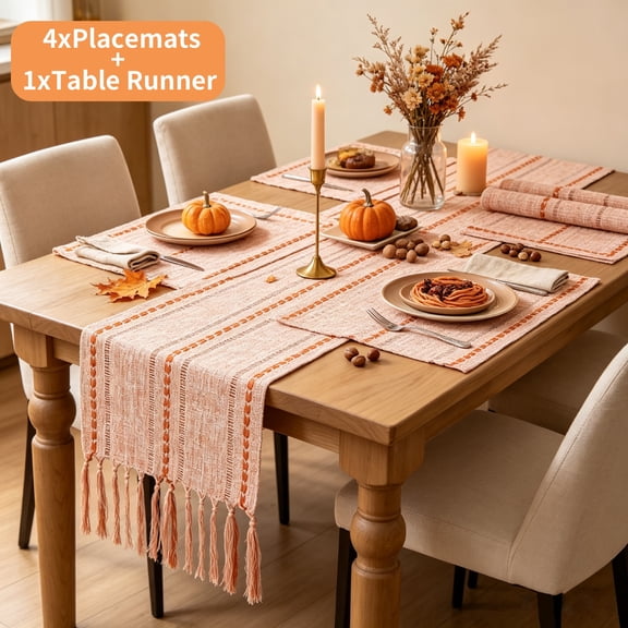 Table Runner and Placemats Set of 4, Yamaziot Farmhouse Fall Washable Fabric Rectangle Dining Table Mats with Tassels, Orange