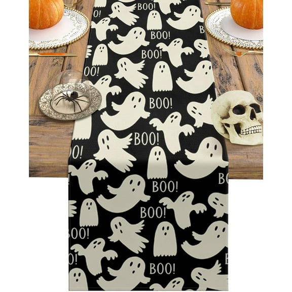 Table Runner for Daily Use/House Birthday Party/Holiday Decoration, Spooky Ghost Halloween Washable Table Cloth Coffee Table Runner 13.8 x 71 Inch
