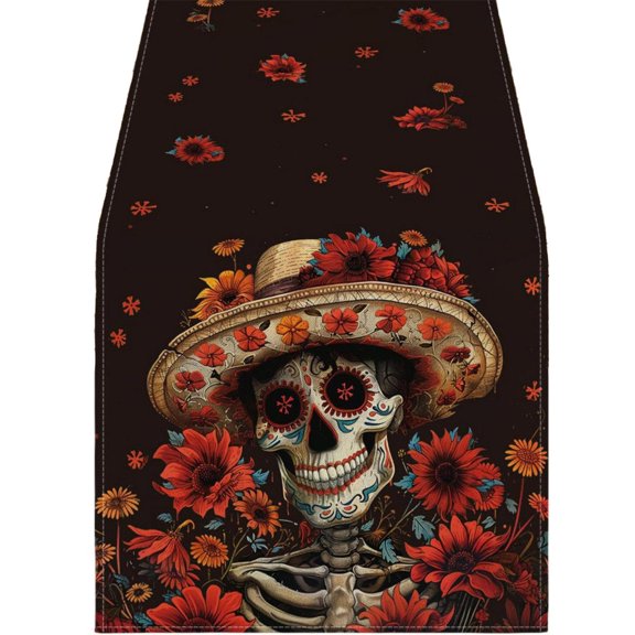 Table Runner for Party Sugar Skull Floral Design 13 X 109 Inch for Day of The Dead and Halloween Home Decor