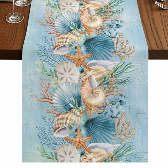 Table Runners 108 Inches Long Dress Scarves, Beach Coastal Blue Farmhouse Coffee/Dining/Kitchen Table Runner for Living Room, Nautical Shell Starfish Coral Summer 13x108 Inch
