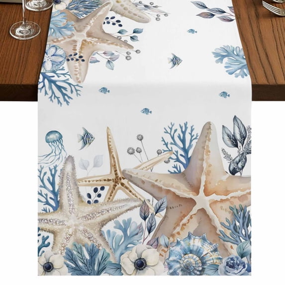 Table Runners 108 Inches Long Dress Scarves, Blue Beige Coastal Farmhouse Coffee/Dining/Kitchen Table Runner for Living Room, Beach Starfish Summer Eucalyptus 13x108 Inch