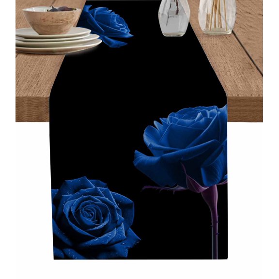 Table Runners 108 Inches Long Dress Scarves, Blue Rose Farmhouse Coffee/Dining/Kitchen Table Runner for Living Room, Vintage Abstract Garden Flower Floral Black 13x108 Inch