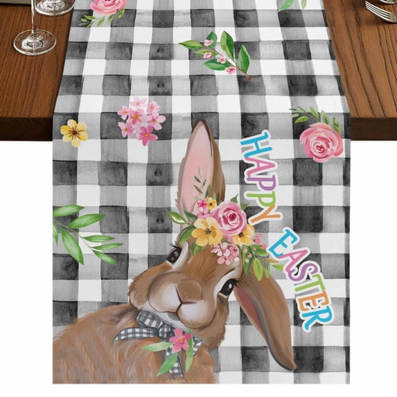 Table Runners 108 Inches Long Dress Scarves, Bunny Easter Farmhouse Coffee/Dining/Kitchen Table Runner for Living Room, Rabbit Black White Plaid Farmhouse 13x108 Inch
