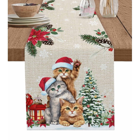Table Runners 108 Inches Long Dress Scarves, Christmas Cats Farmhouse Coffee/Dining/Kitchen Table Runner for Living Room, Xmas Tree Poinsettia Botanical Linen Texture 13x108 Inch
