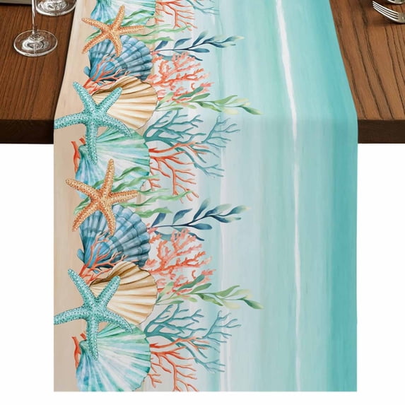 Table Runners 108 Inches Long Dress Scarves, Coastal Beach Farmhouse Coffee/Dining/Kitchen Table Runner for Living Room, Ocean Wave Summer Sea Starfish Coral Teal Beige 13x108 Inch