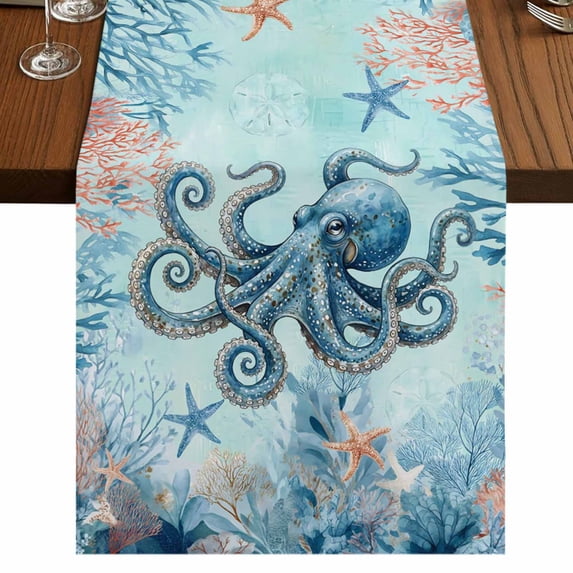 Table Runners 108 Inches Long Dress Scarves, Coastal Octopus Blue Farmhouse Coffee/Dining/Kitchen Table Runner for Living Room, Summer Beach Nautical Coral Starfish 13x108 Inch