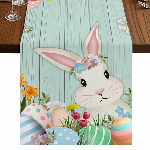 Table Runners 108 Inches Long Dress Scarves, Easter Bunny Farmhouse Coffee/Dining/Kitchen Table Runner for Living Room, Spring Watercolor Eggs Flower Wood Grain Teal 13x108 Inch